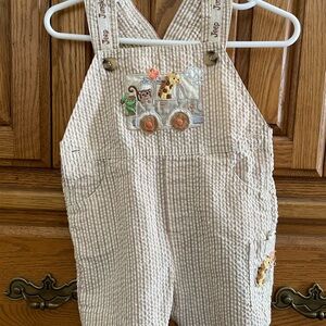 Tan Overalls with Colorful Animal Embroidery